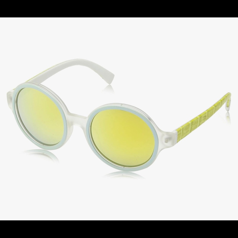 Round sunglasses with blue-trimmed lens yellow snakeskin-text arms
Case included